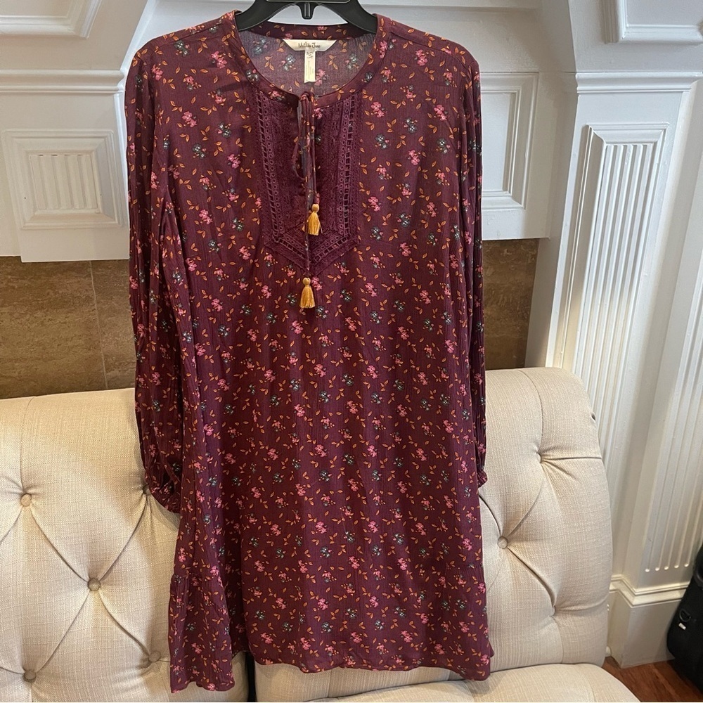 Matilda Jane Red Wine Local Luxuries Dress w Gold Tassels floral print 28688D